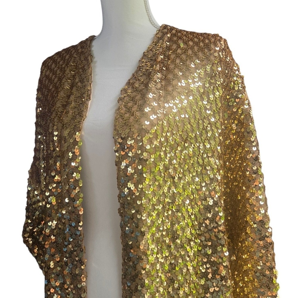 Vintage Toppettes Gold Sequin Duster Jacket 1X 20W Open Front Stage Disco Party
